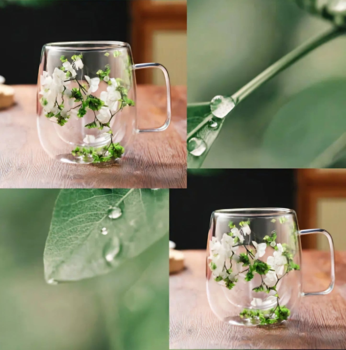 2 tasses double paroi avec fleurs séchées incrustées