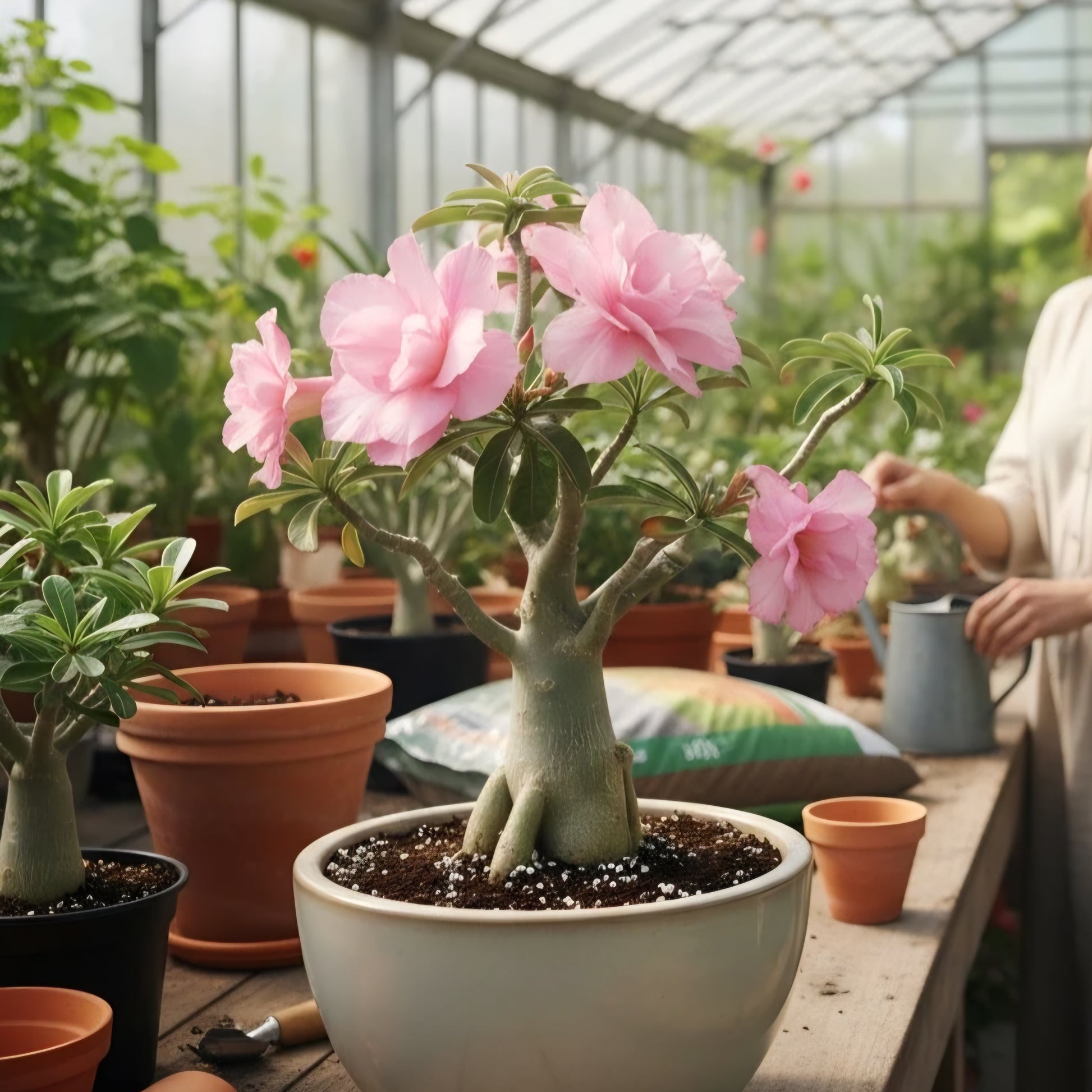 adenium obesum rose en pot dans une serre lumineuse