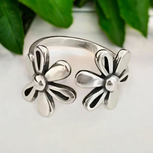 Bague en argent 925 ajustable deux fleurs