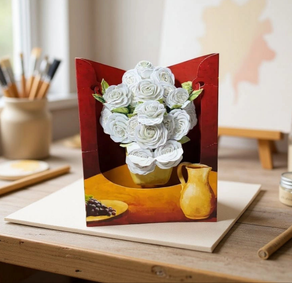 Carte en 3D représentant un bouquet de roses blanches