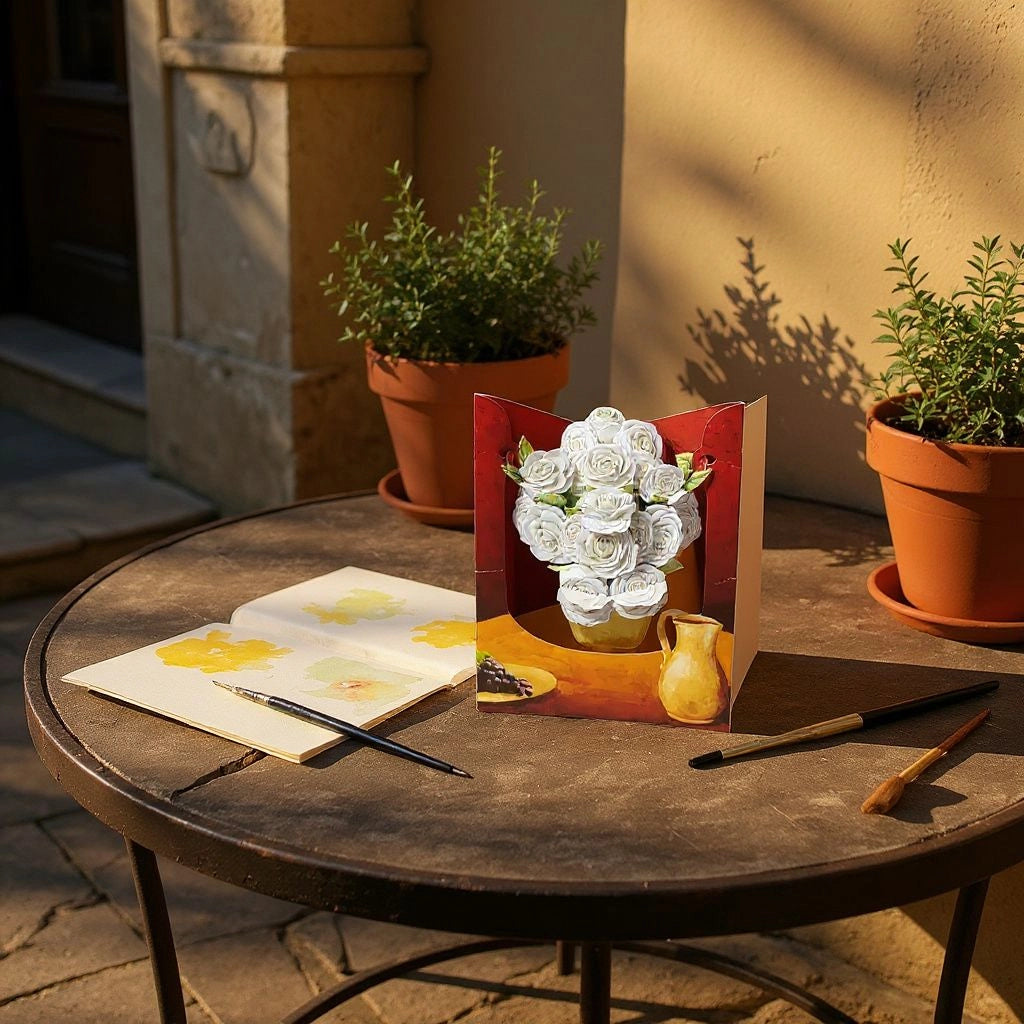 Carte de voeux en 3 dimensions bouquet de roses blanches