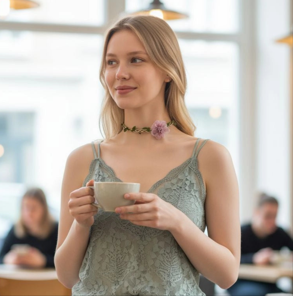 Collier bohème porté autour du cou avec grande fleur rose  