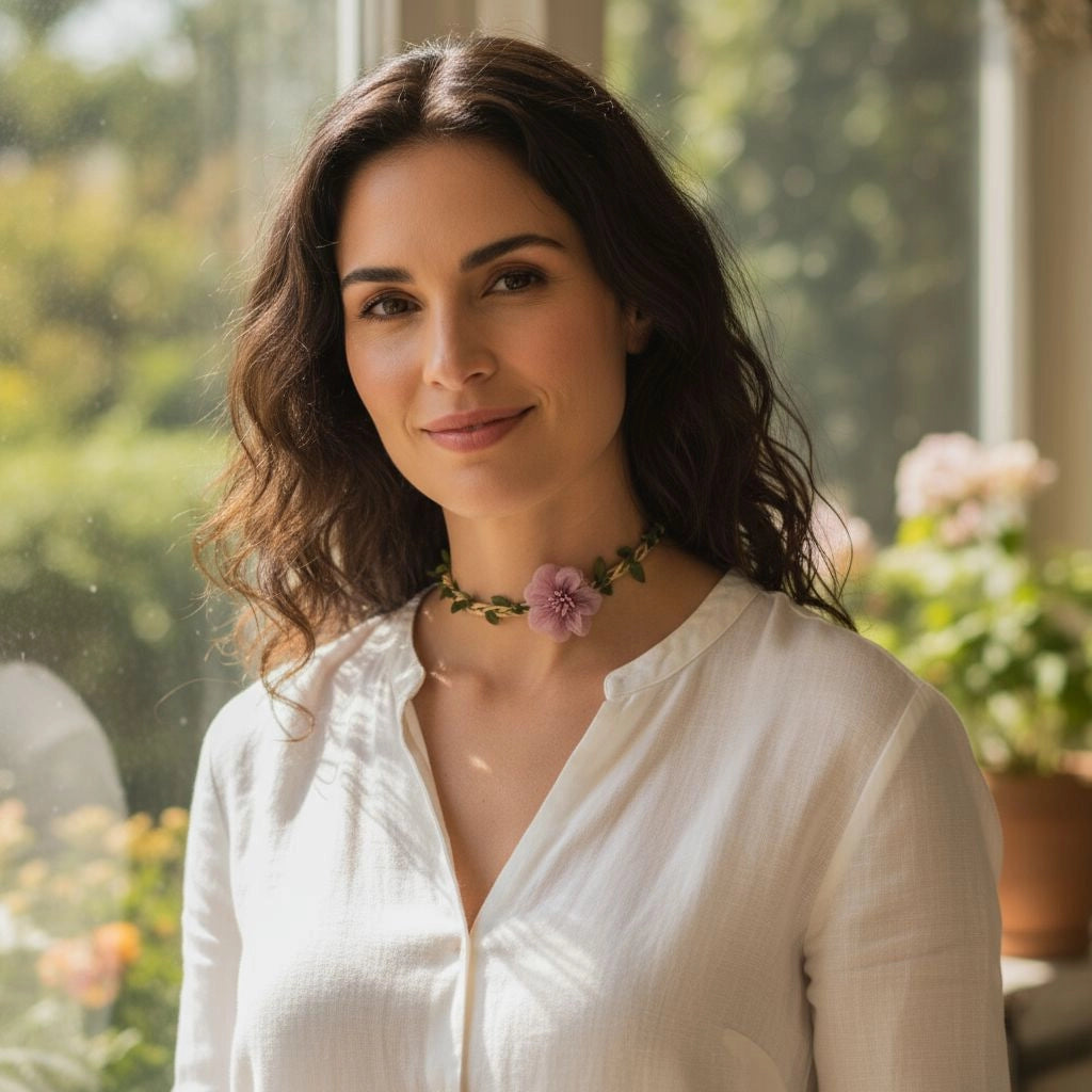 Collier fantaisie avec fleur rose et petites feuilles vertes  