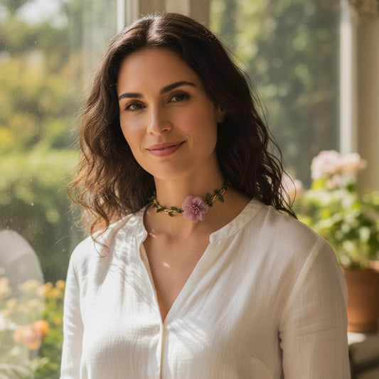 Collier fantaisie avec fleur rose et petites feuilles vertes  
