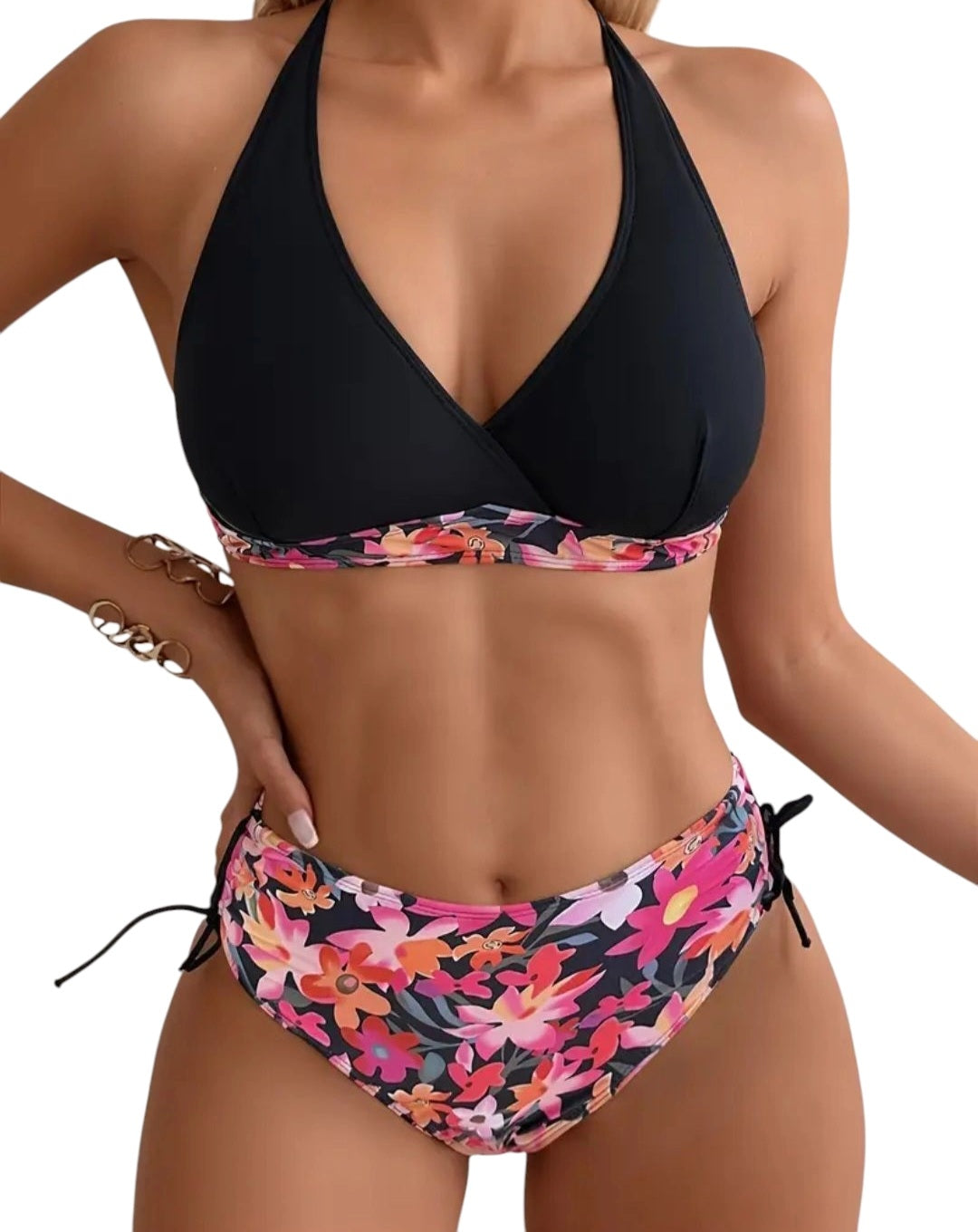 Maillot de bain deux pièces noir et rose fleuri