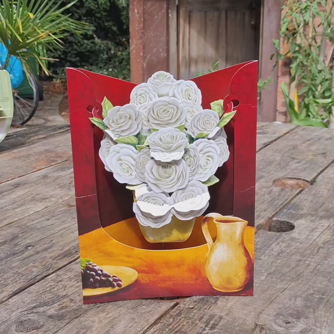 carte en 3D bouquets de roses blanches sur fond rouge et orange