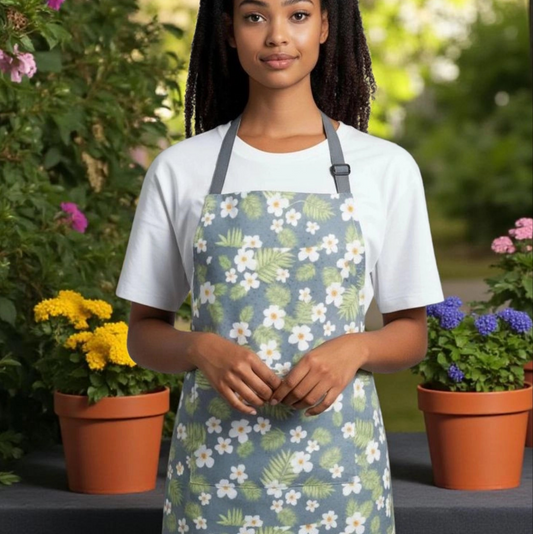 Tablier de jardin fleuri gris vert et blanc