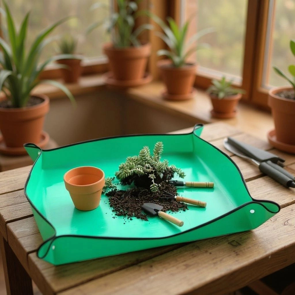 Tapis de rempotage vert pliable avec terreau, pot et outils de jardinage.