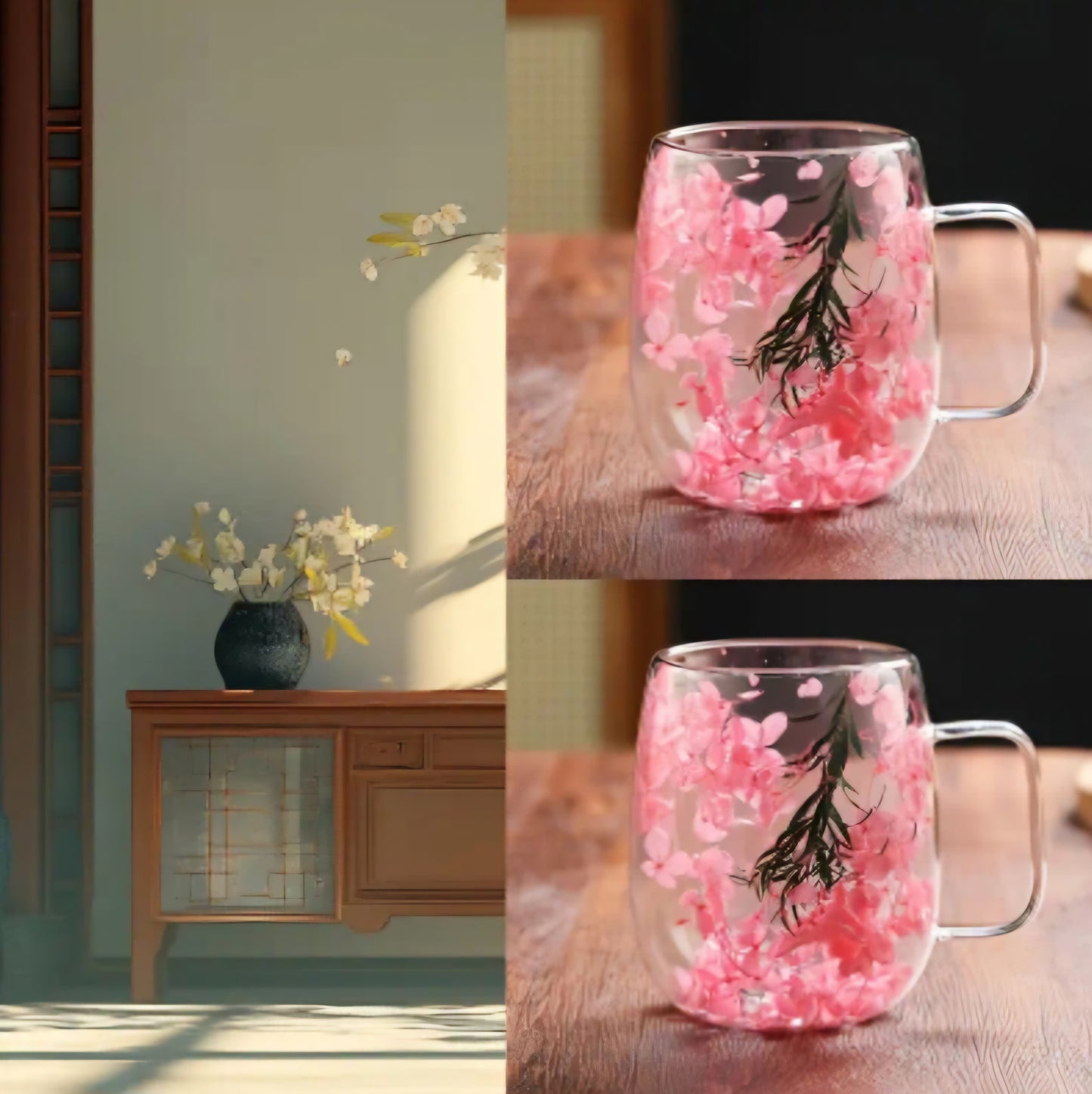 2 tasses double paroi avec fleurs séchées incrustées