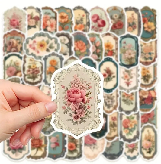 50 autocollants vintage FLEURS